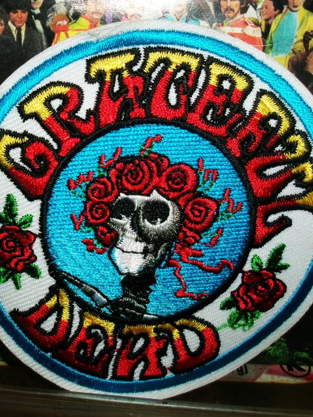 grateful dead embrodied red white blue skull & roses on head - jerry garcia weir